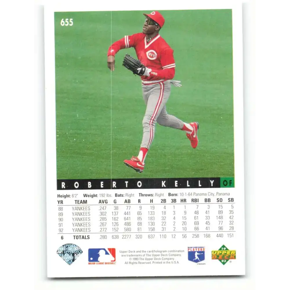 1993 Upper Deck #655 Roberto Kelly VG Cincinnati Reds Baseball Card - Baseball Card Single