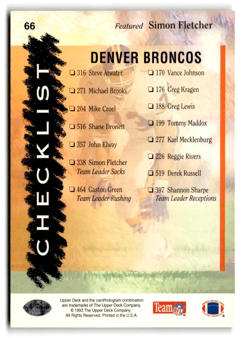 1993 Upper Deck #66 Broncos Checklist - Football Card Single