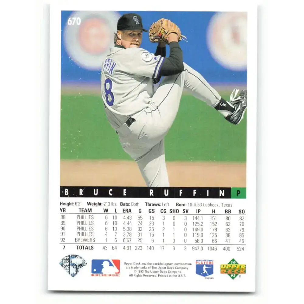 1993 Upper Deck #670 Bruce Ruffin VG Colorado Rockies Baseball Card - Baseball Card Single