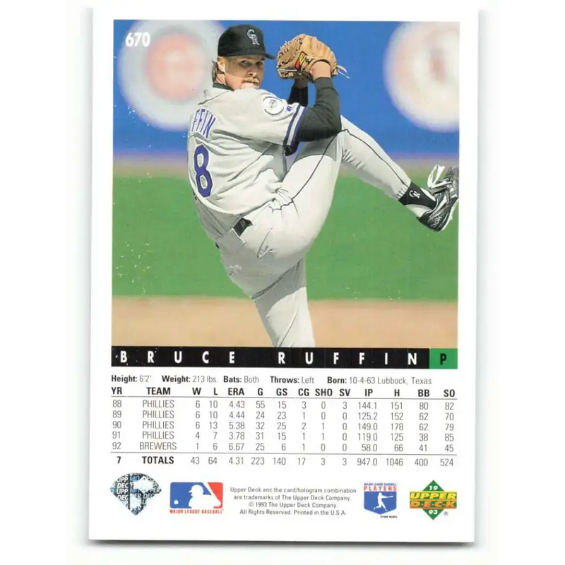 1993 Upper Deck #670 Bruce Ruffin VG Colorado Rockies Baseball Card - Baseball Card Single