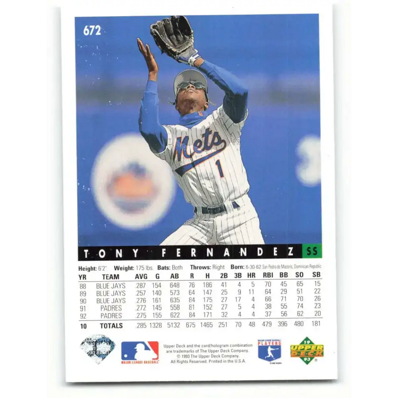 1993 Upper Deck #672 Tony Fernandez VG New York Mets Baseball Card - Baseball Card Single