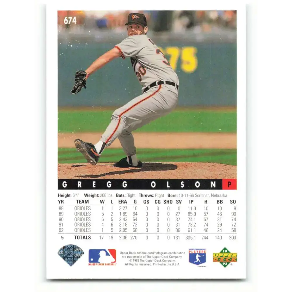 1993 Upper Deck #674 Gregg Olson VG Baltimore Orioles Baseball Card - Baseball Card Single