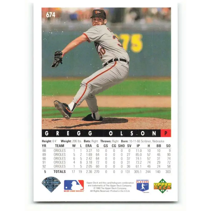 1993 Upper Deck #674 Gregg Olson VG Baltimore Orioles Baseball Card - Baseball Card Single