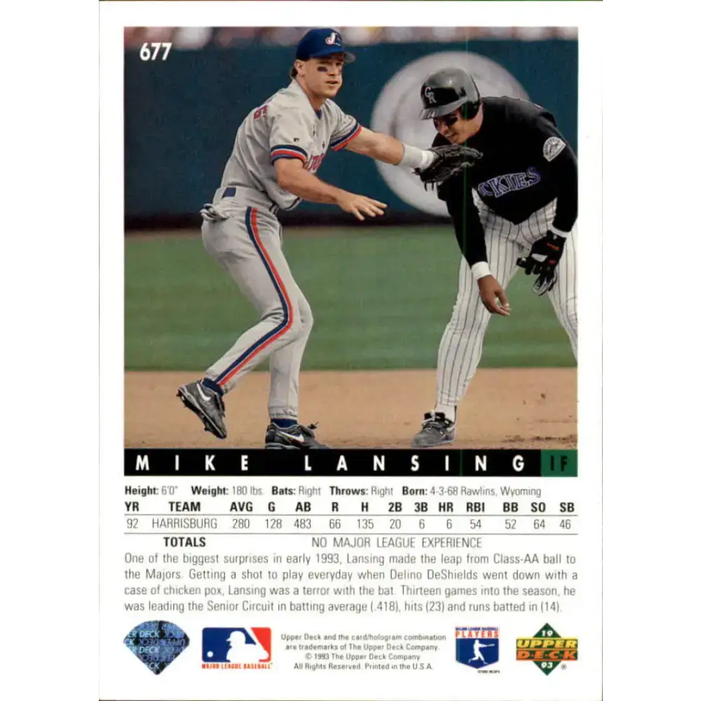 1993 Upper Deck #677 Mike Lansing VG RC Rookie Montreal Expos Baseball Card - Baseball Card Single