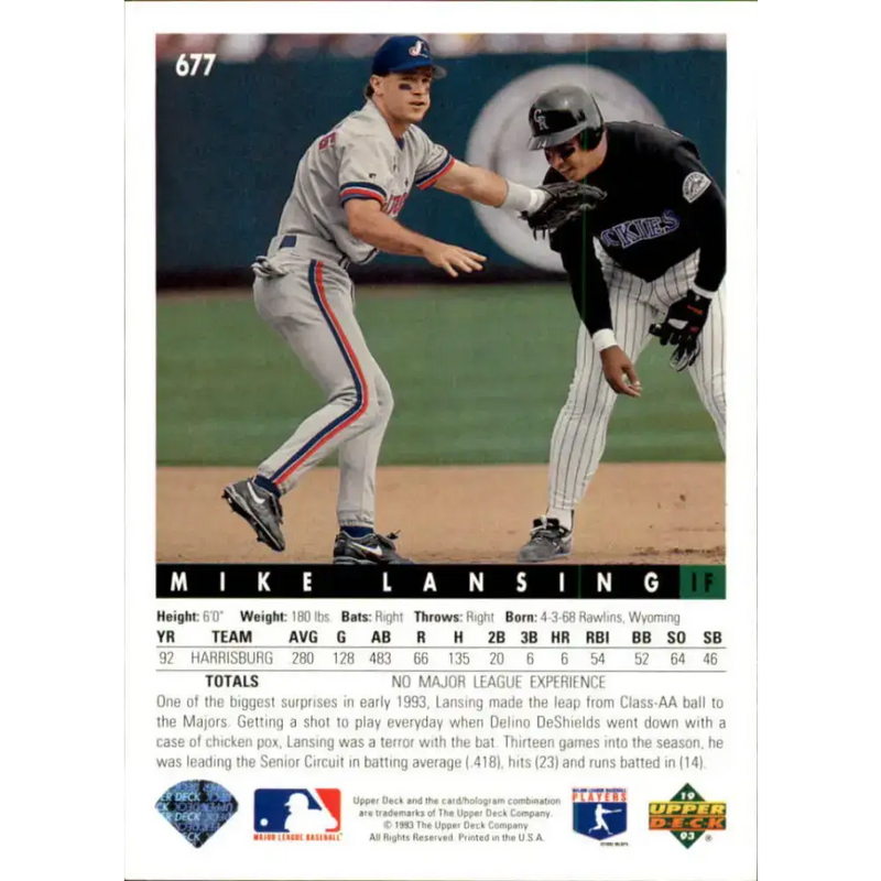 1993 Upper Deck #677 Mike Lansing VG RC Rookie Montreal Expos Baseball Card - Baseball Card Single