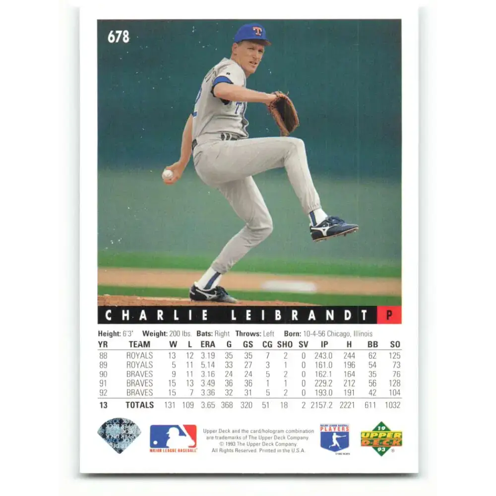 1993 Upper Deck #678 Charlie Leibrandt VG Texas Rangers Baseball Card - Baseball Card Single