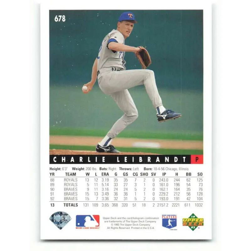 1993 Upper Deck #678 Charlie Leibrandt VG Texas Rangers Baseball Card - Baseball Card Single