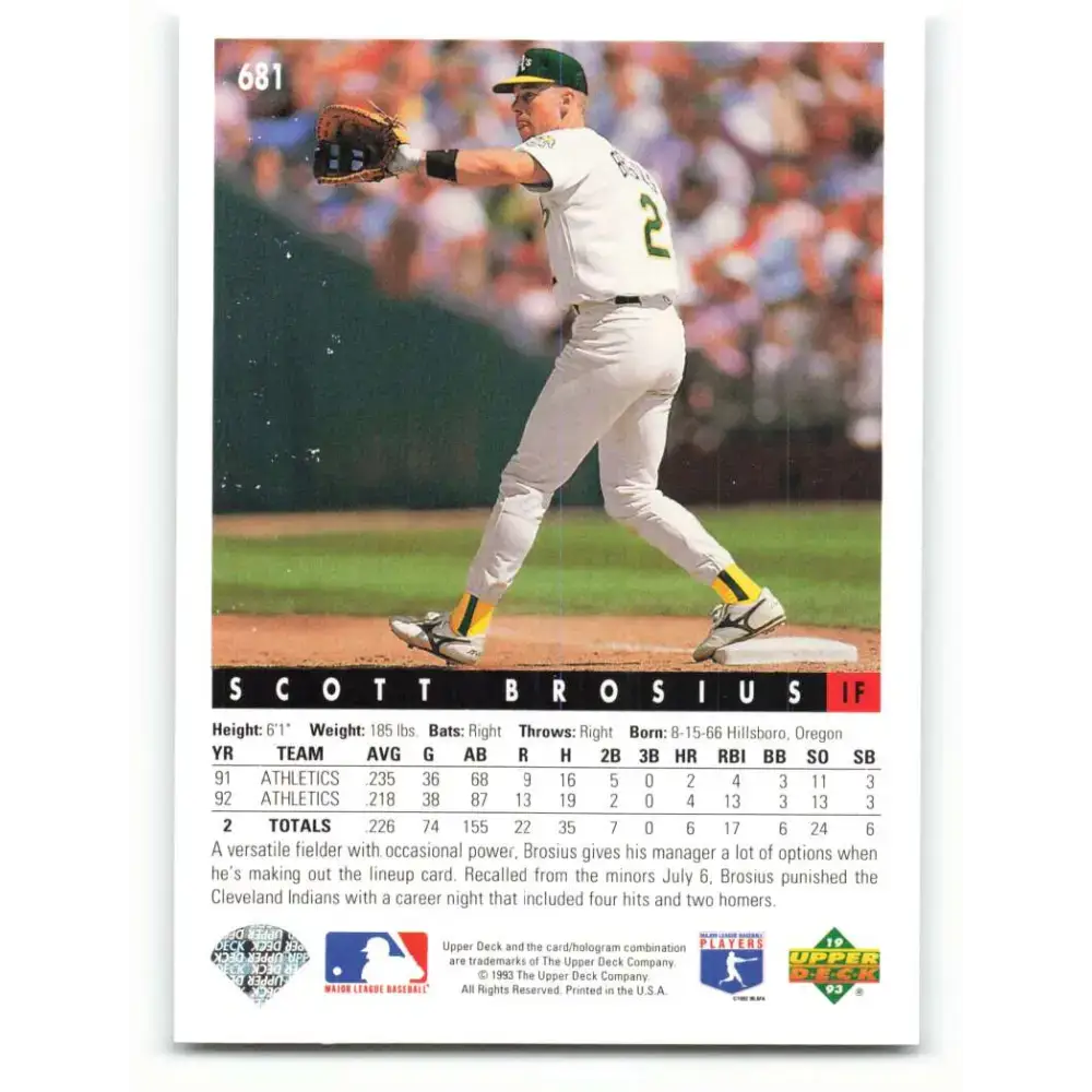 1993 Upper Deck #681 Scott Brosius VG Oakland Athletics Baseball Card - Baseball Card Single