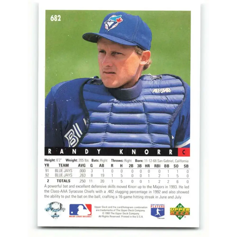 1993 Upper Deck #682 Randy Knorr VG Toronto Blue Jays Baseball Card - Baseball Card Single