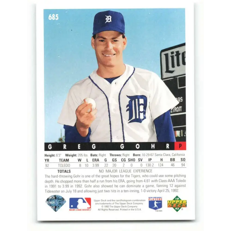 1993 Upper Deck #685 Greg Gohr VG Detroit Tigers Baseball Card - Baseball Card Single