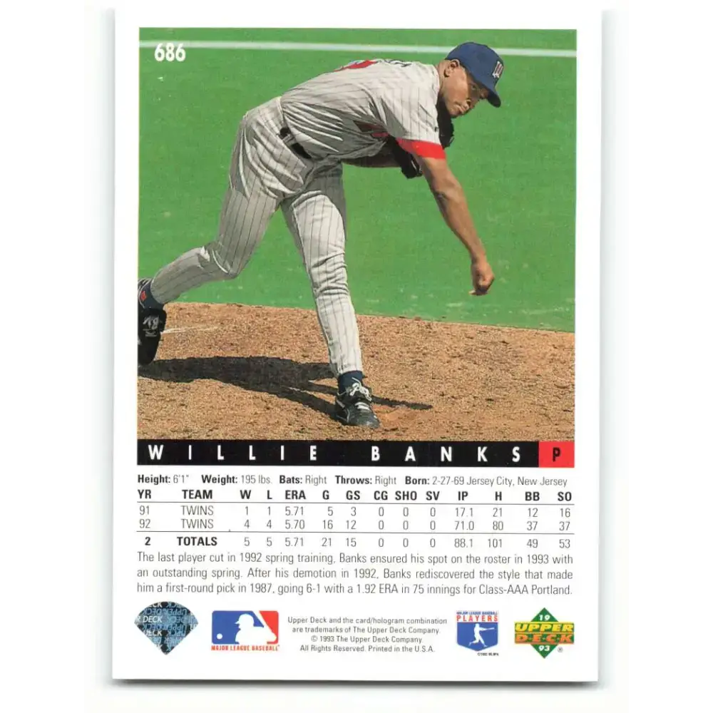 1993 Upper Deck #686 Willie Banks VG Minnesota Twins Baseball Card - Baseball Card Single