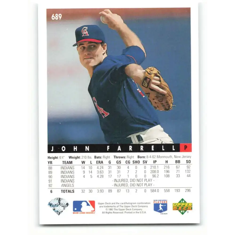 1993 Upper Deck #689 John Farrell VG California Angels Baseball Card - Baseball Card Single