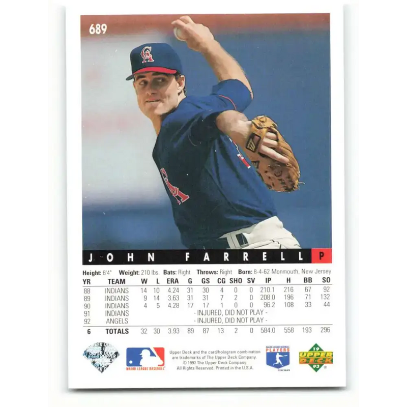 1993 Upper Deck #689 John Farrell VG California Angels Baseball Card - Baseball Card Single