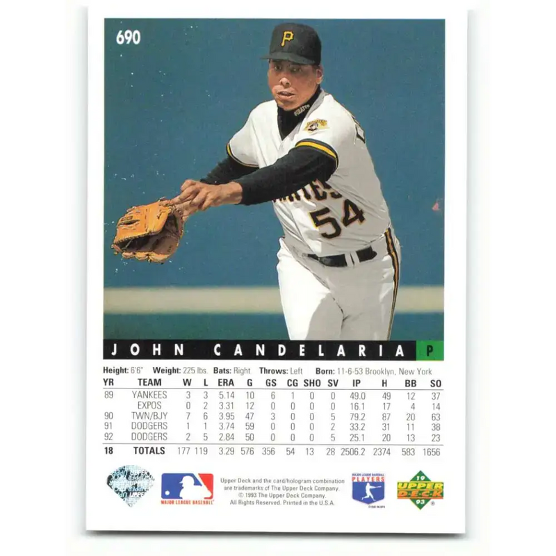 1993 Upper Deck #690 John Candelaria VG Pittsburgh Pirates Baseball Card - Baseball Card Single