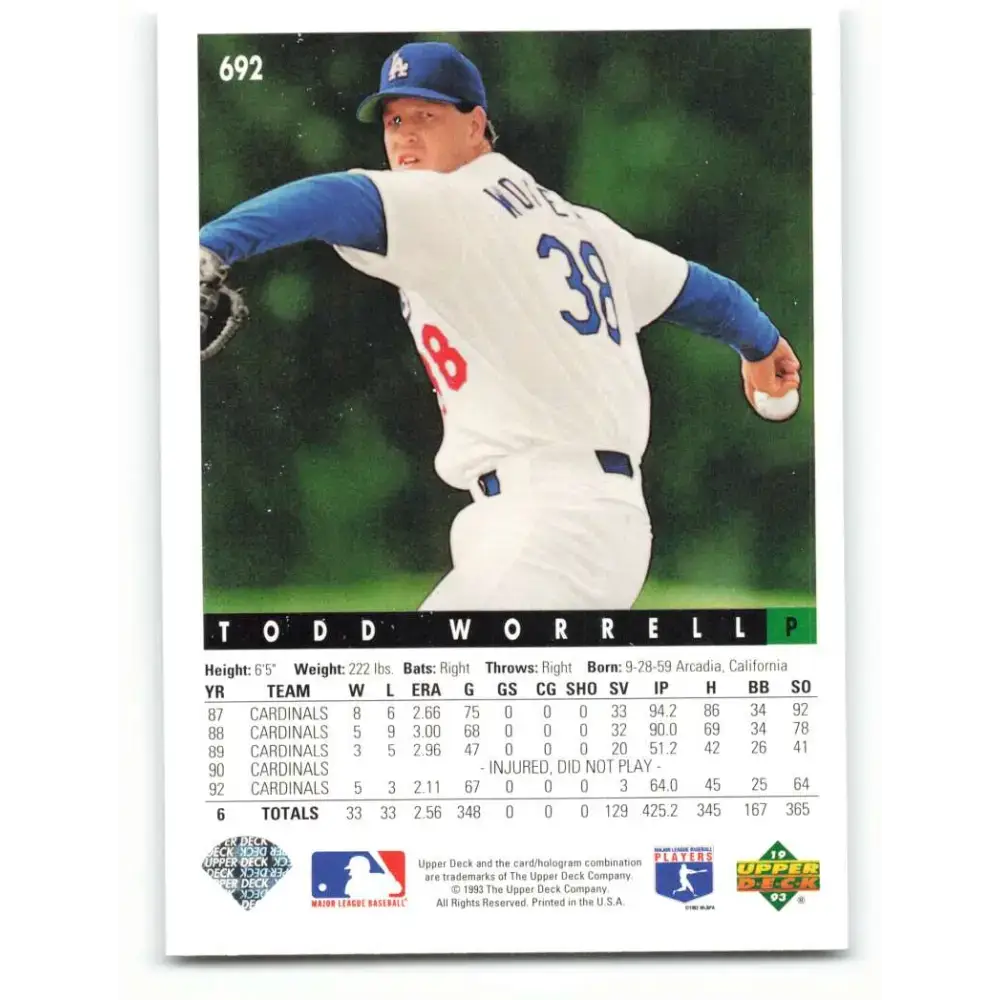 1993 Upper Deck #692 Todd Worrell VG Los Angeles Dodgers Baseball Card - Baseball Card Single