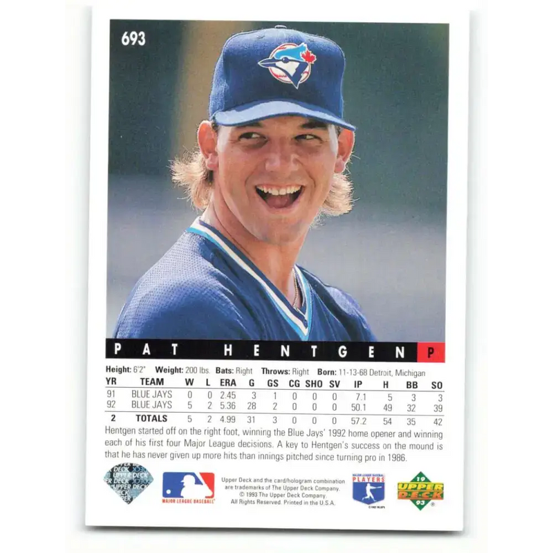 1993 Upper Deck #693 Pat Hentgen VG Toronto Blue Jays Baseball Card - Baseball Card Single