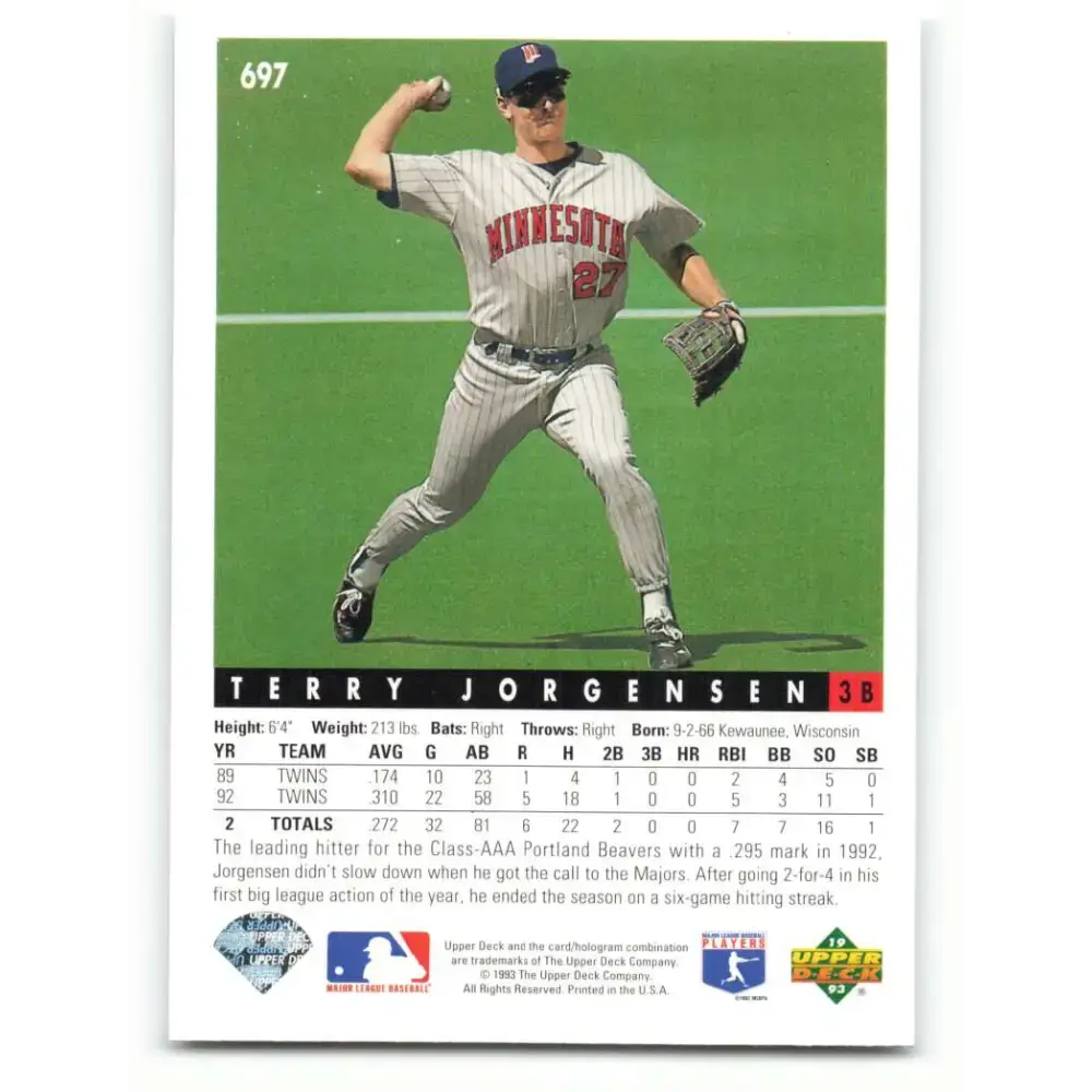 1993 Upper Deck #697 Terry Jorgensen VG Minnesota Twins Baseball Card - Baseball Card Single
