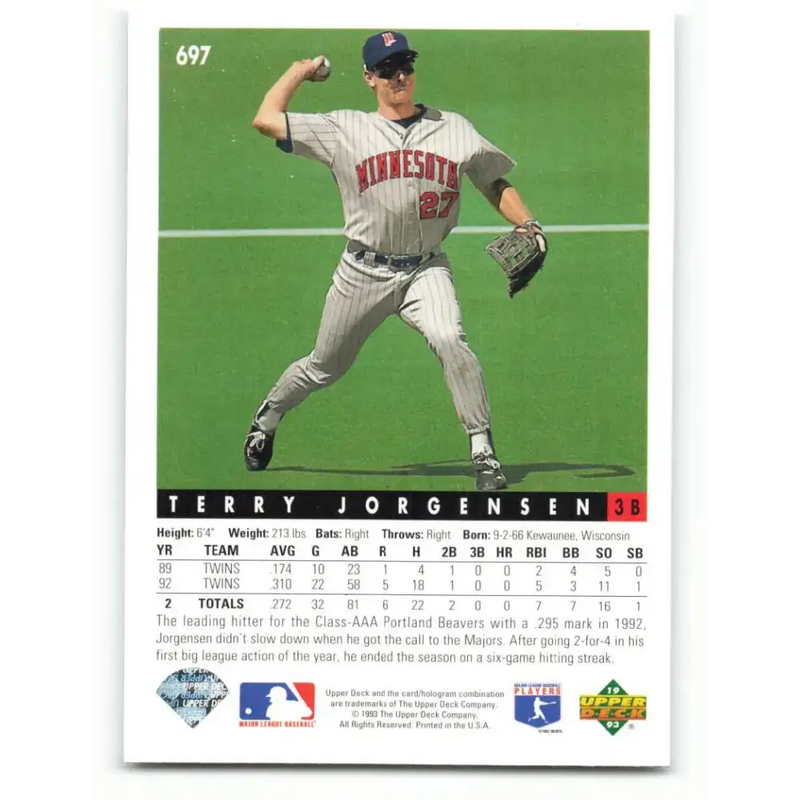 1993 Upper Deck #697 Terry Jorgensen VG Minnesota Twins Baseball Card - Baseball Card Single