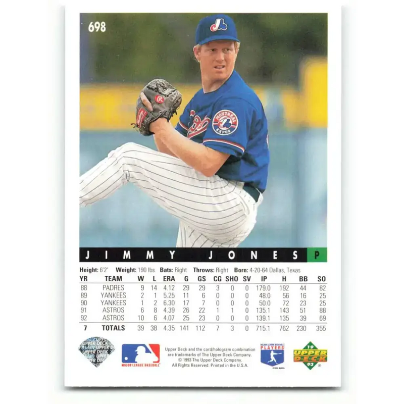 1993 Upper Deck #698 Jimmy Jones VG Montreal Expos Baseball Card - Baseball Card Single