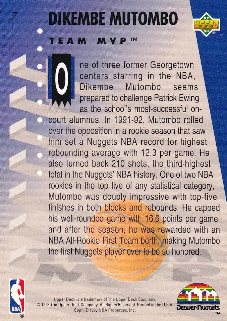 1993 UPPER DECK #7 DIKEMBE MUTOMBO HOLOGRAM- DENVER NUGGETS - Basketball Card Single