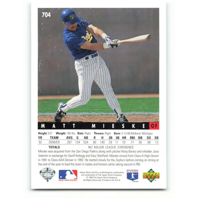 1993 Upper Deck #704 Matt Mieske VG Milwaukee Brewers Baseball Card - Baseball Card Single