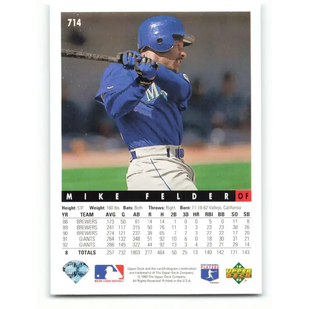 1993 Upper Deck #714 Mike Felder VG Seattle Mariners Baseball Card - Baseball Card Single