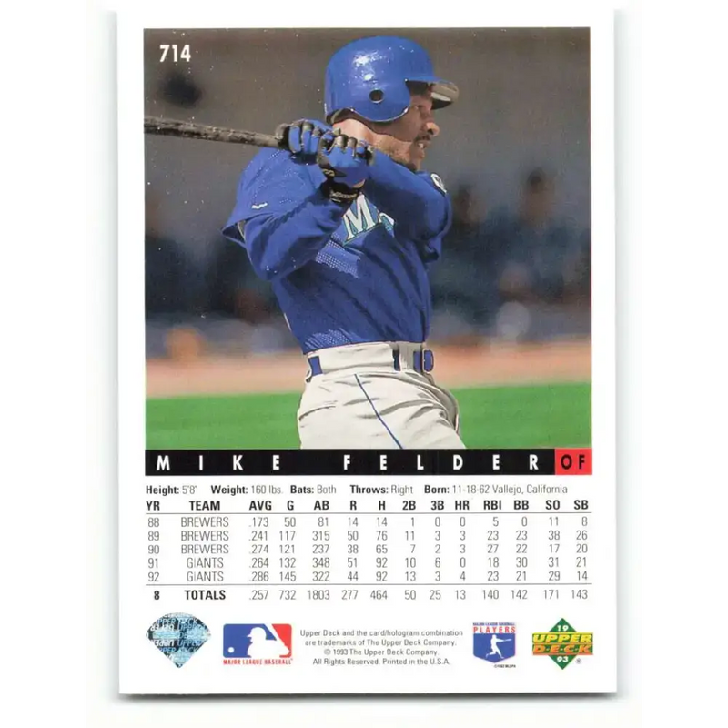 1993 Upper Deck #714 Mike Felder VG Seattle Mariners Baseball Card - Baseball Card Single