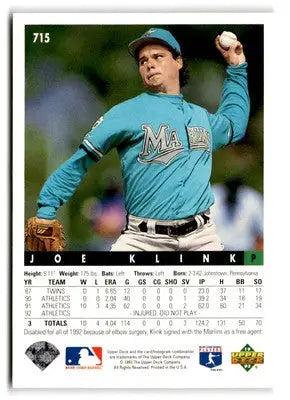 Joe Klink baseball card from 1993 Upper Deck featuring teal jersey and stats