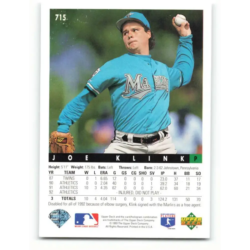 1993 Upper Deck #715 Joe Klink VG Florida Marlins Baseball Card - Baseball Card Single