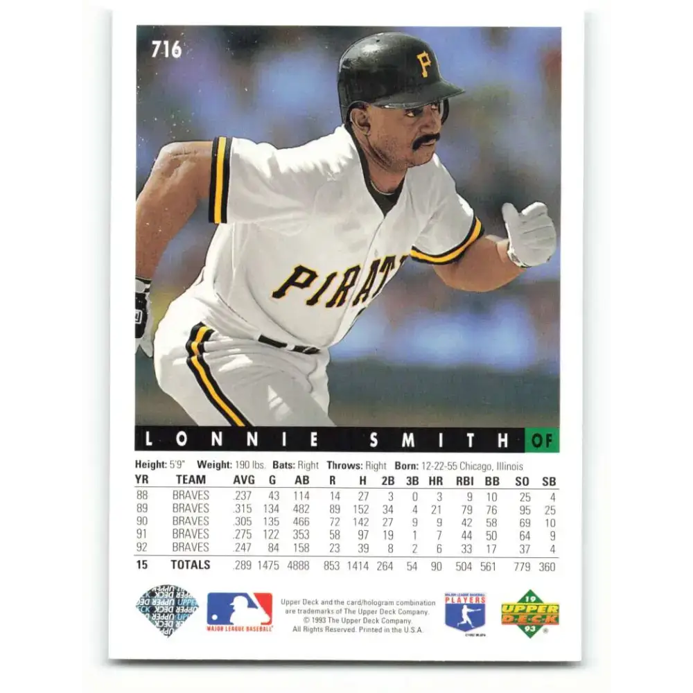 1993 Upper Deck #716 Lonnie Smith VG Pittsburgh Pirates Baseball Card - Baseball Card Single