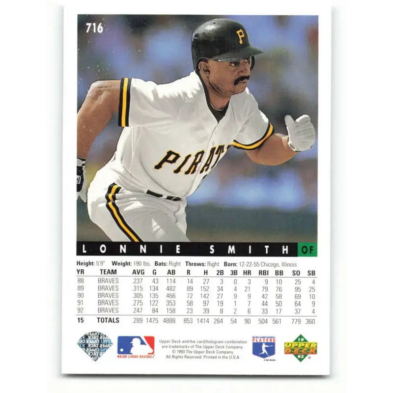 1993 Upper Deck #716 Lonnie Smith VG Pittsburgh Pirates Baseball Card - Baseball Card Single
