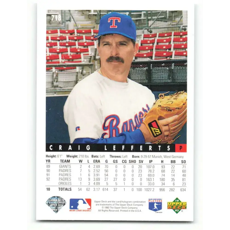 1993 Upper Deck #718 Craig Lefferts VG Texas Rangers Baseball Card - Baseball Card Single
