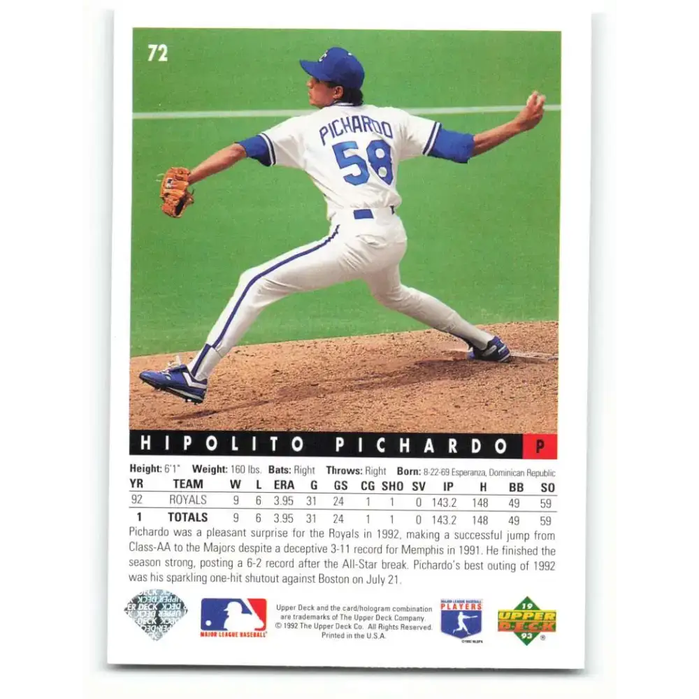 1993 Upper Deck #72 Hipolito Pichardo VG Kansas City Royals Baseball Card - Baseball Card Single
