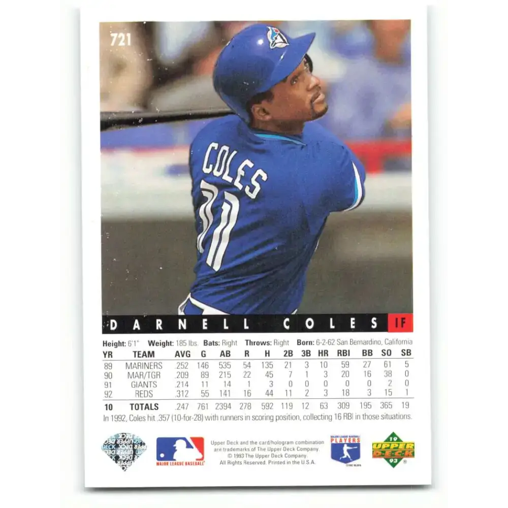 1993 Upper Deck #721 Darnell Coles VG Toronto Blue Jays Baseball Card - Baseball Card Single