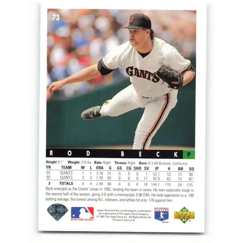 1993 Upper Deck #73 Rod Beck VG San Francisco Giants Baseball Card - Baseball Card Single