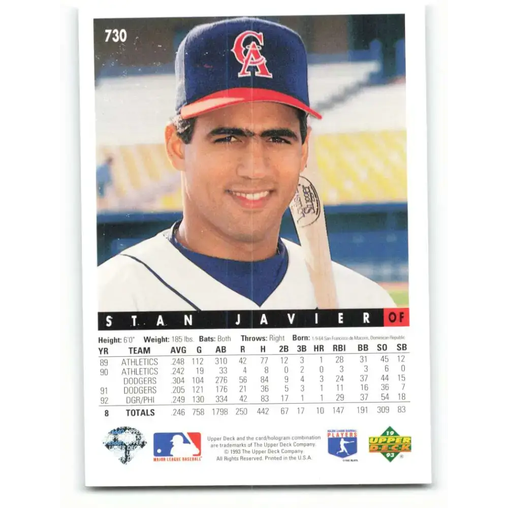 1993 Upper Deck #730 Stan Javier VG California Angels Baseball Card - Baseball Card Single