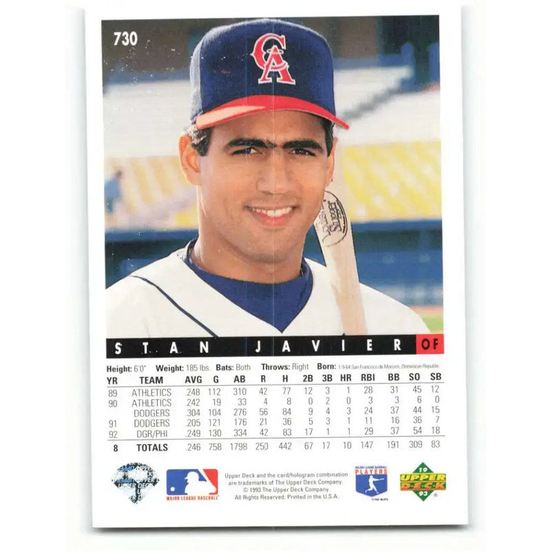 1993 Upper Deck #730 Stan Javier VG California Angels Baseball Card - Baseball Card Single