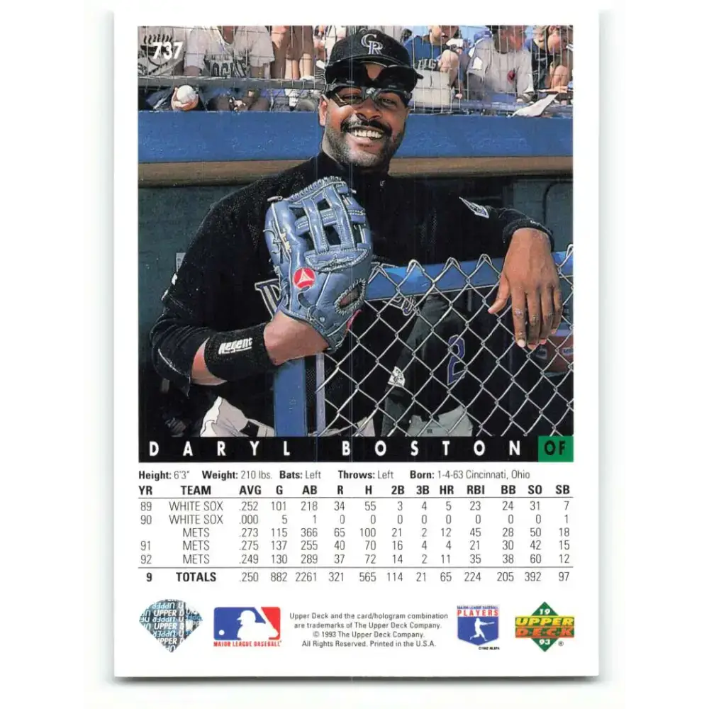 1993 Upper Deck #737 Daryl Boston VG Colorado Rockies Baseball Card - Baseball Card Single