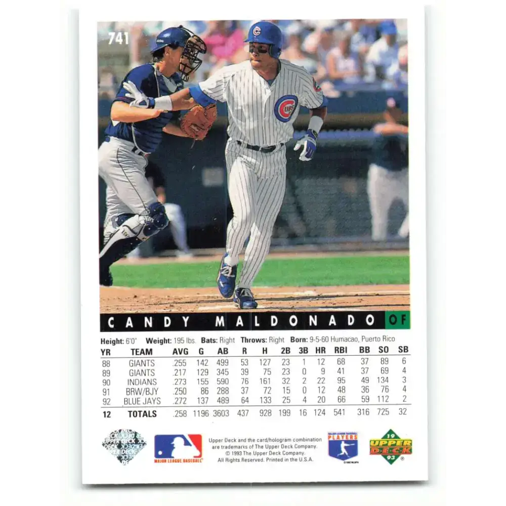 1993 Upper Deck #741 Candy Maldonado VG Chicago Cubs Baseball Card - Baseball Card Single