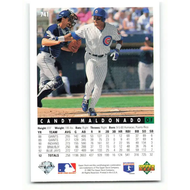 1993 Upper Deck #741 Candy Maldonado VG Chicago Cubs Baseball Card - Baseball Card Single
