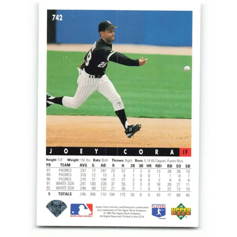 1993 Upper Deck #742 Joey Cora VG Chicago White Sox Baseball Card - Baseball Card Single