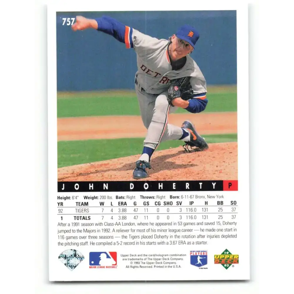 1993 Upper Deck #757 John Doherty VG Detroit Tigers Baseball Card - Baseball Card Single