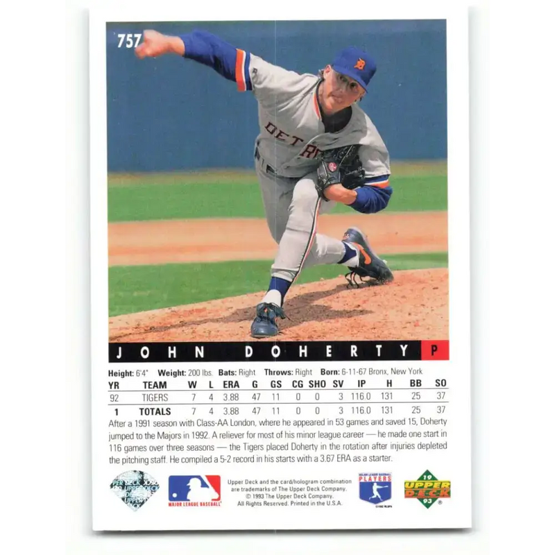 1993 Upper Deck #757 John Doherty VG Detroit Tigers Baseball Card - Baseball Card Single