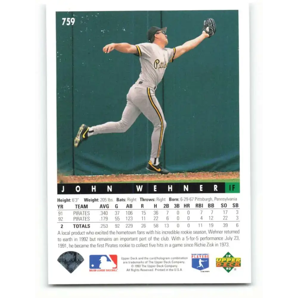 1993 Upper Deck #759 John Wehner VG Pittsburgh Pirates Baseball Card - Baseball Card Single
