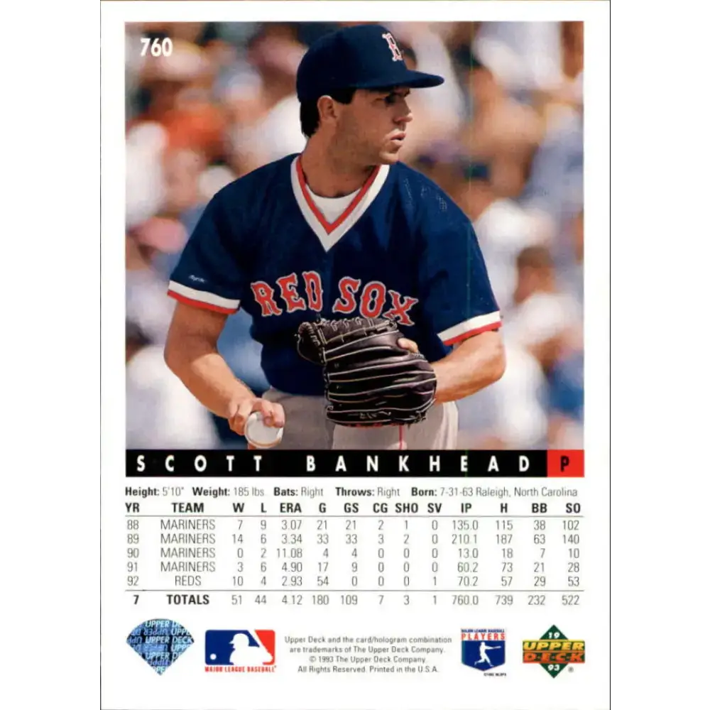 1993 Upper Deck #760 Scott Bankhead VG Boston Red Sox Baseball Card - Baseball Card Single