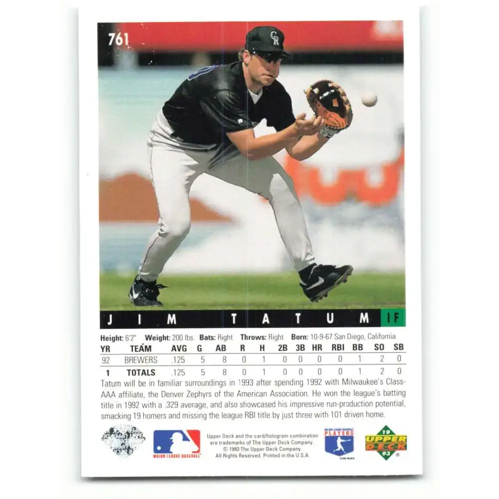 1993 Upper Deck #761 Jim Tatum VG Colorado Rockies Baseball Card - Baseball Card Single