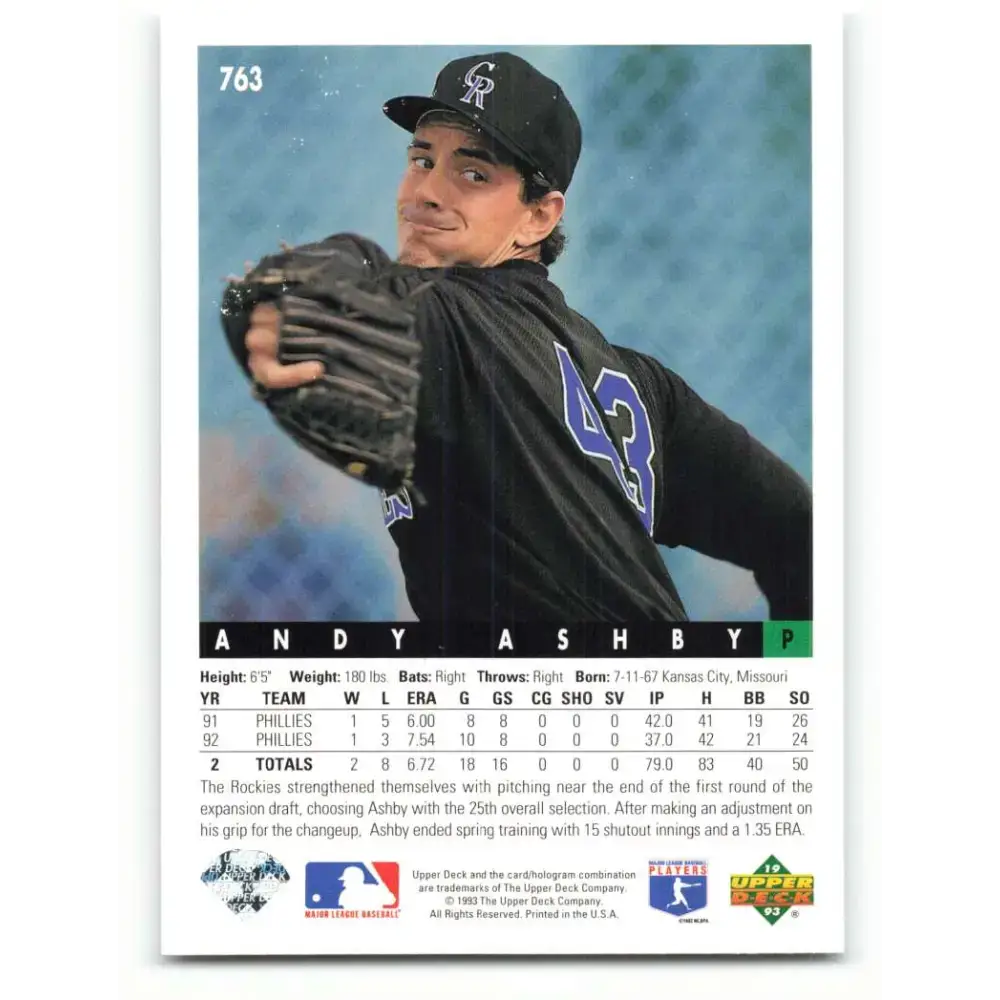 1993 Upper Deck #763 Andy Ashby VG Colorado Rockies Baseball Card - Baseball Card Single