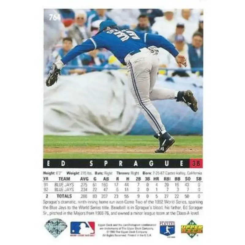 1993 Upper Deck #764 Ed Sprague VG Toronto Blue Jays Baseball Card - Baseball Card Single