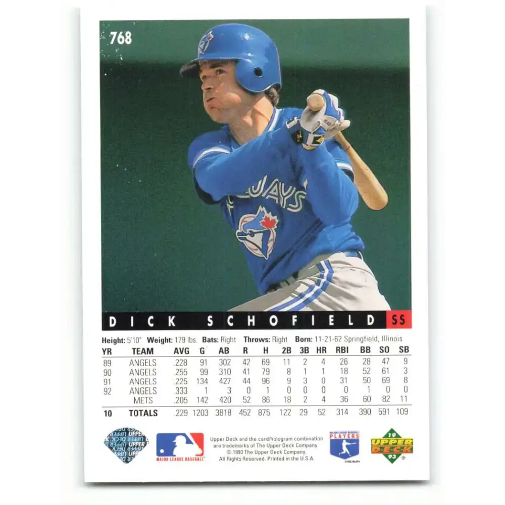 1993 Upper Deck #768 Dick Schofield VG Toronto Blue Jays Baseball Card - Baseball Card Single