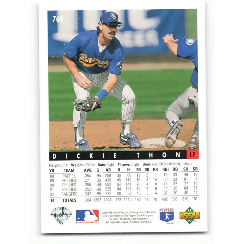 1993 Upper Deck #769 Dickie Thon VG Milwaukee Brewers Baseball Card - Baseball Card Single